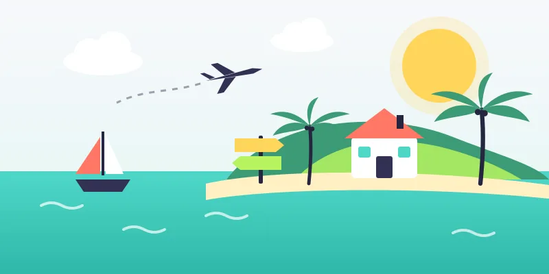Illustration : une île des Antilles avec une maison, un voilier et un avion